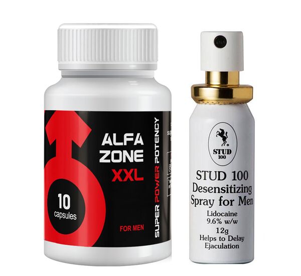 Alfazone XXL 10 capsule pentru erecție + Spray anti ejaculare precoce pentru bărbaţi Stud 100 pret mic